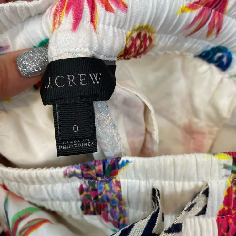 WOMEN'S J CREW SEASIDE PULL ON PANTS IN‎ WHITE RATTI PAINTED PINEAPPLES Size 0